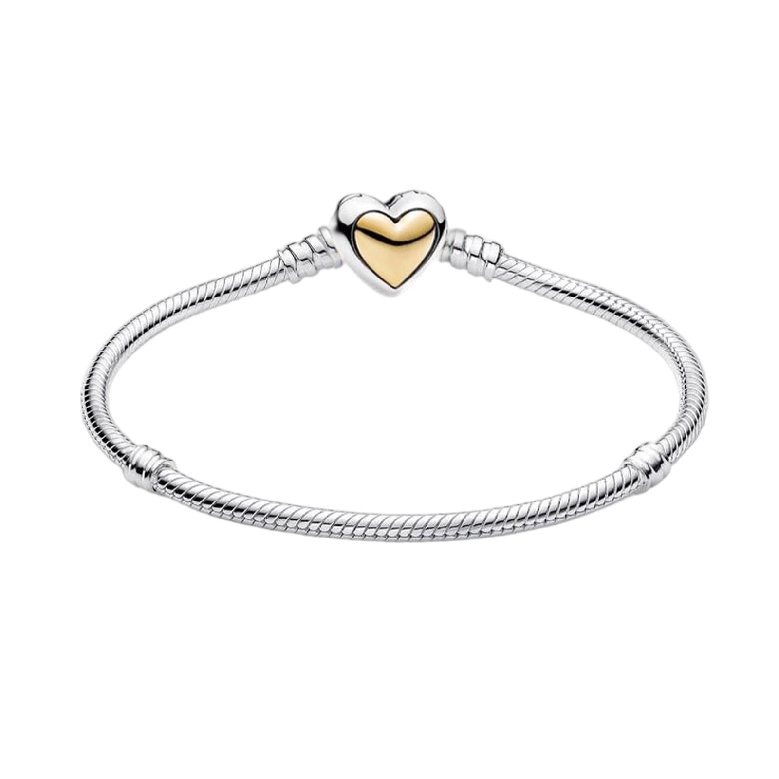 Annmors 925 Sterling SIlver Snake Chain Bracelet with Arch-shaped Gold Heart Clasp Compatible with Women's Bangle Charm & Pendants