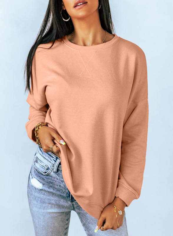 Dokotoo Womens Casual Oversized Long Sleeve Round Neck Sweatshirt for Women Side Split Loose Fit Solid Basic Pullover Tunic Shirts Tops Ladies Sweatshirts for Women 2026 Fashion Fall Apricot XLarge