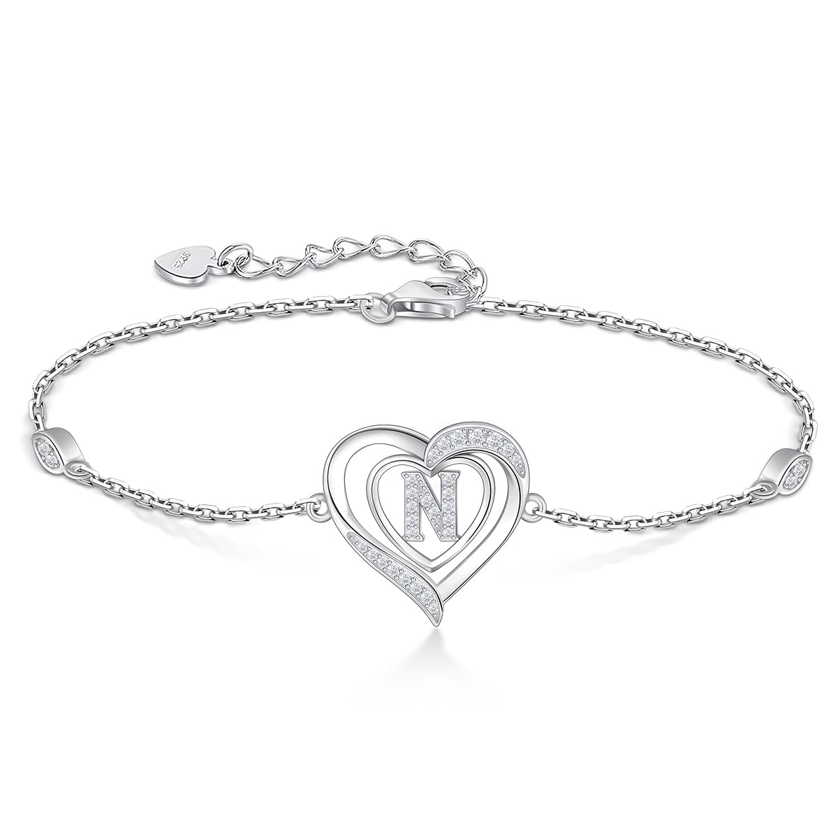 RIVIKO Heart Initial Bracelets for Women, 925 Sterling Silver Letter N Bracelets,Mothers Day Gifts for Wife