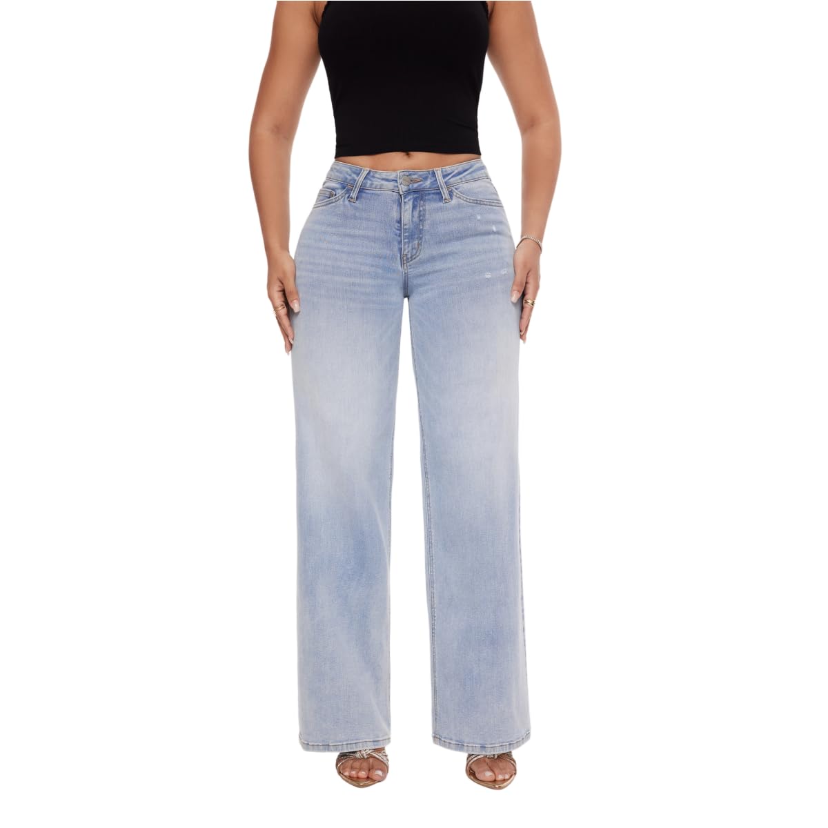 ONESO Mid-Low Rise Baggy Jeans Wide Leg for Women Distressed Pants Stretchy Bottom Lady Basic Comfortable Denim