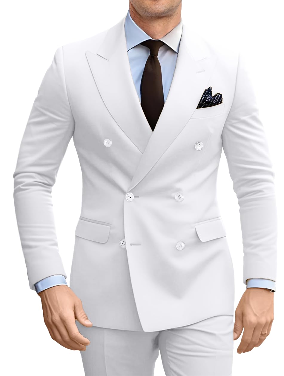 Double Breasted Suit Mens Slim Fit 2 Piece Mens Suit Blazer Dress Pants Set Formal Easter White Suit Men Prom Tuxedo Men M