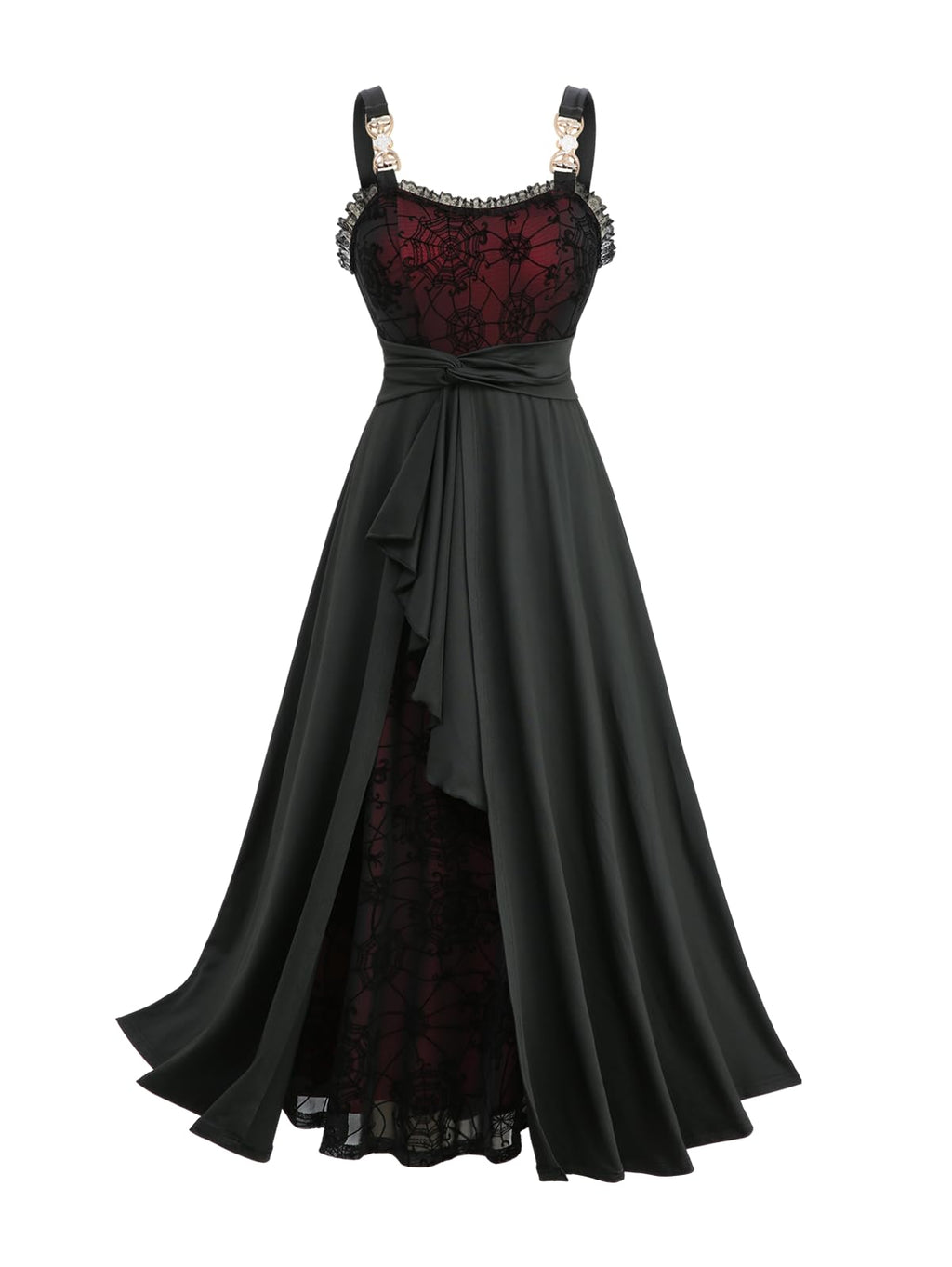 ROSE GAL Plus Size Women Halloween Costume Romantic Goth Vampire Dress Spider Web Flocking Mesh Overlay Ruffle Maxi Layered Flowy Sleeveless Tank Dress(Black/1X)