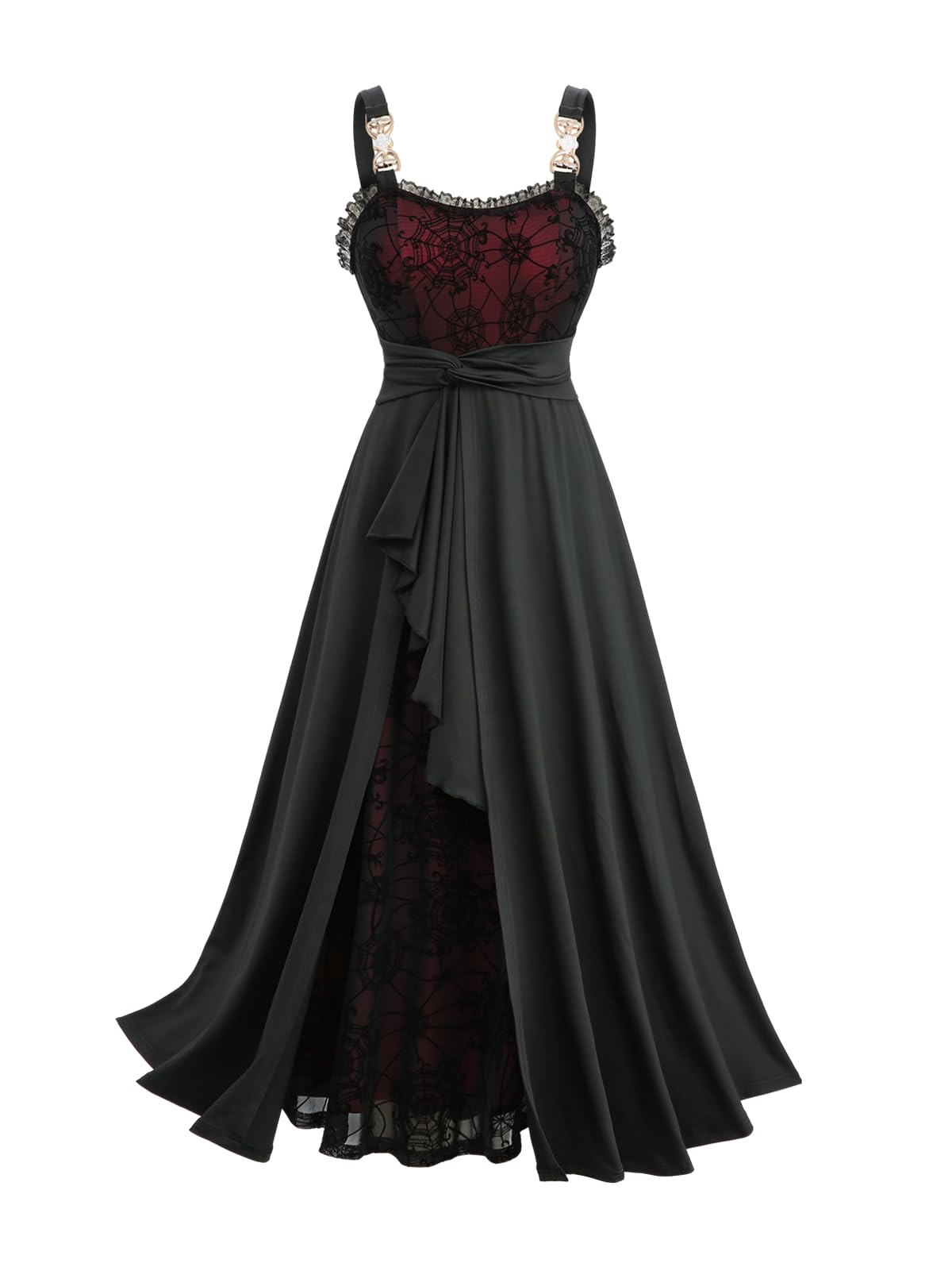 ROSE GAL Plus Size Women Halloween Costume Romantic Goth Vampire Dress Spider Web Flocking Mesh Overlay Ruffle Maxi Layered Flowy Sleeveless Tank Dress(Black/1X)