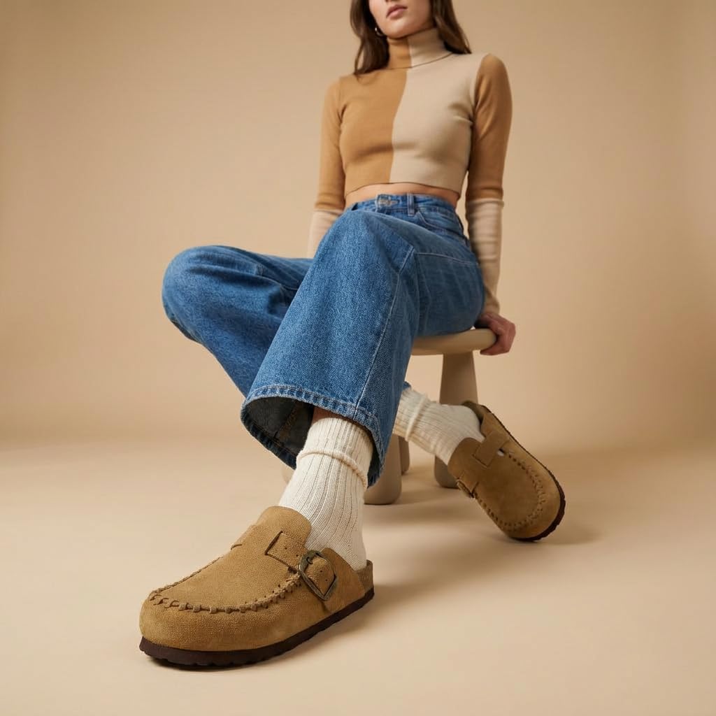 CUSHIONAIRE Canoe Genuine Suede Clogs for Women Footwear with Moc Toe Design – Casual Slip On Womens Shoes, CAMEL 8W