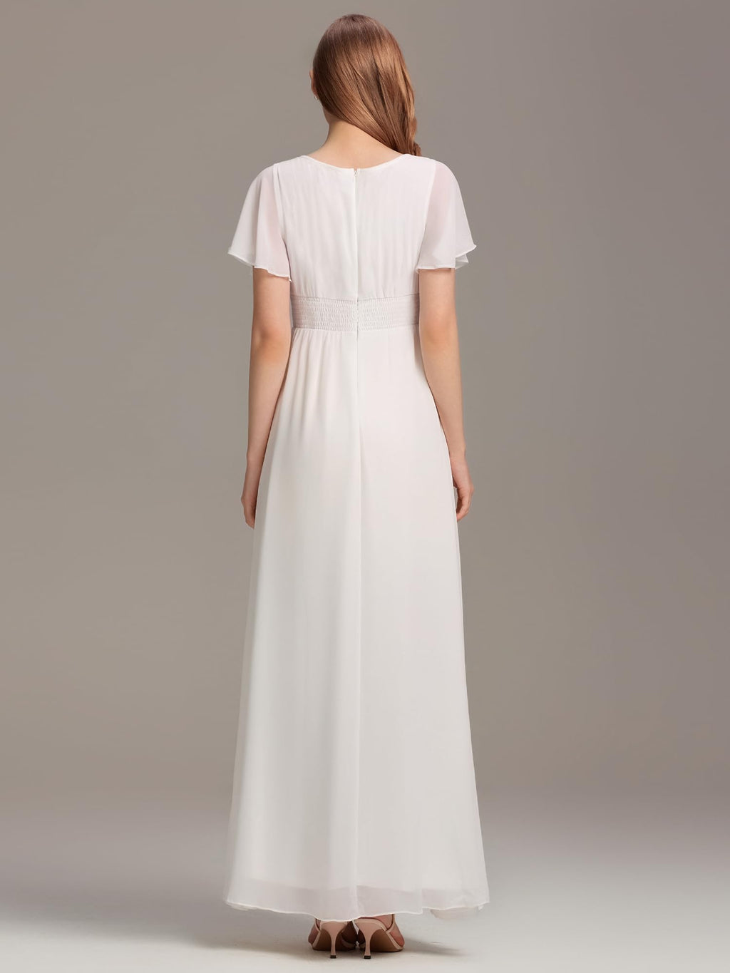 Ever-Pretty Women's Spring Elegant Round Neck Short Sleeve Chiffon Empire Waist Floor Length Formal Dresses Bridesmaid Dress White US14