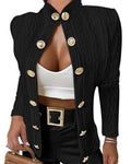 CHICME Women Argyle Cable Cardigan Casual Lightweight Cropped Coat Stand Collar Long Sleeve Metal Button Front Fall Black Jackets-M