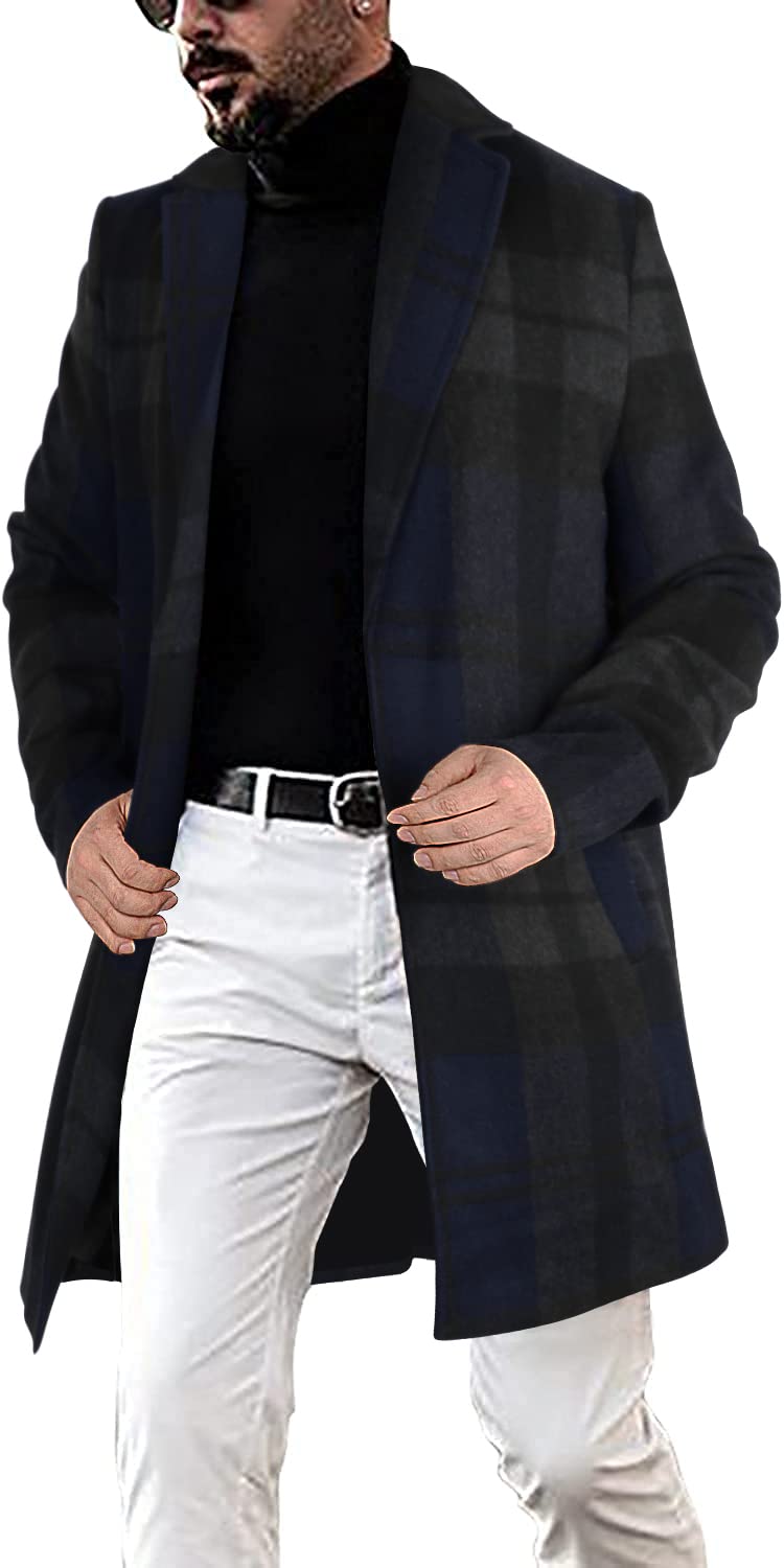 chouyatou Men's Casual Notched Collar Plaid Single Breasted Wool Blend Formal Trench Top Coat (Navy-Plaid, Large)