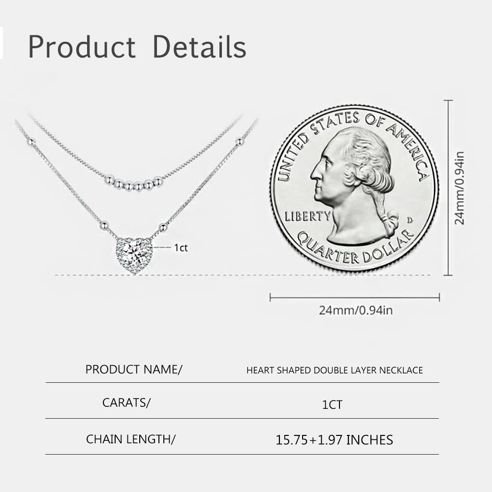Brillique 14K Gold Heart Cut Diamond Necklace for Women, 1ct VVS1 Heart-shaped Pendant, Exquisite Symbol of Love, Birthday Gift for Wife (Heart-double chain)