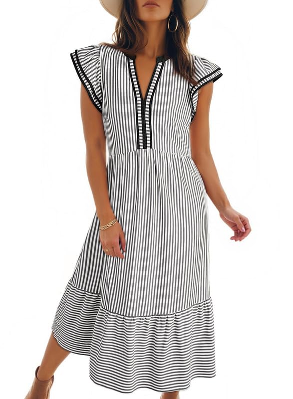 Dokotoo Summer Dresses for Women 2026 V-Neck Ruffle Cap Sleeve Empire Waist Dress Striped Flowy Midi Maxi Beach Dresses Black Dress with Pockets Medium