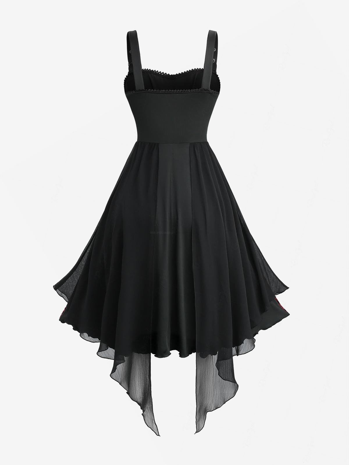 ROSE GAL Plus Size Womens Vintage Goth Midi Dress Flower Flocking Lace-up Buckles Straps Asymmetrical Sleeveless Gothic Dress(Red_1/1X)