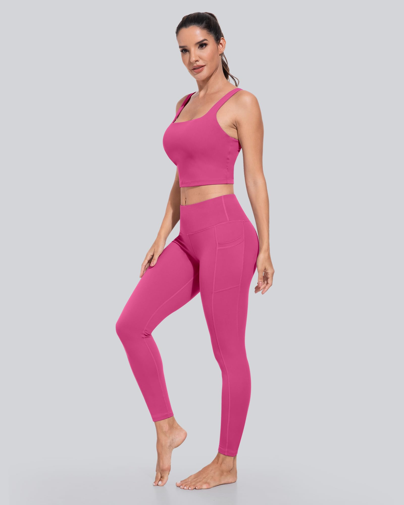 CHRLEISURE Leggings with Pockets for Women, High Waisted Tummy Control Workout Yoga Pants(5 Packs, Blue,Green,Pink,Rose,Violet, M)