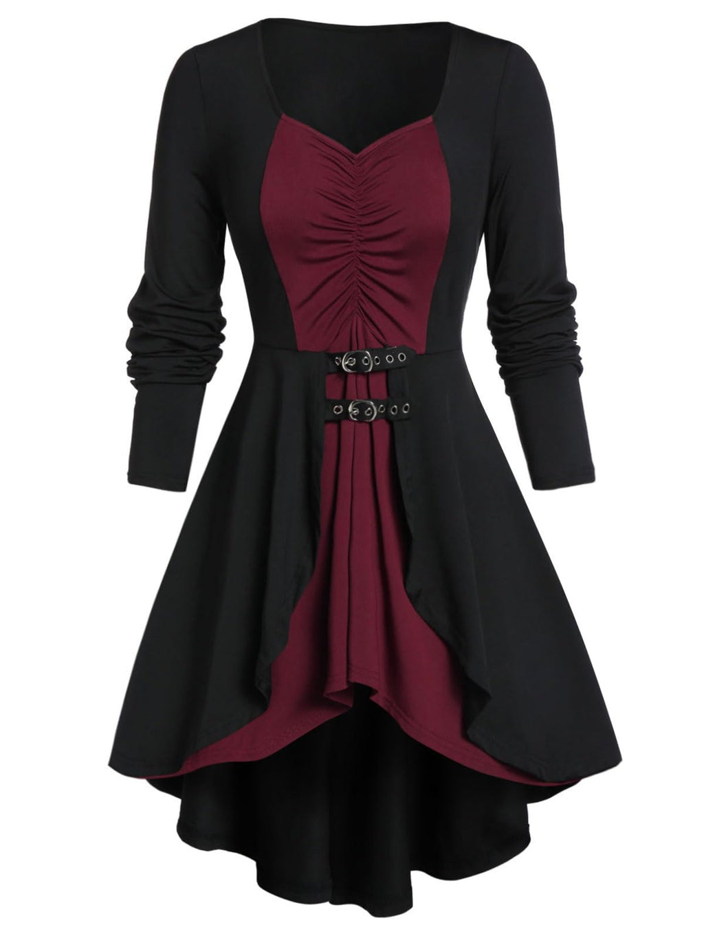 ROSE GAL Womens Plus Size Gothic Lace-up Back Two Tone Ruched Grommets Buckle Long Sleeve High Low Hem Tunic T-Shirt(Red_1/1X)