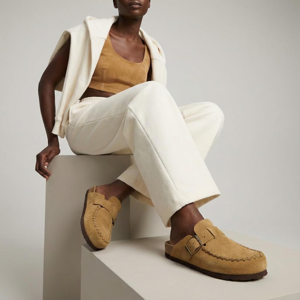 CUSHIONAIRE Canoe Genuine Suede Clogs for Women Footwear with Moc Toe Design – Casual Slip On Womens Shoes, CAMEL 8W