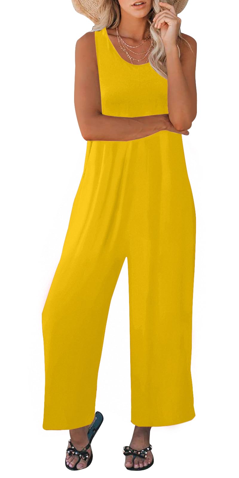 Nfsion Women's Summer Casual Loose Tank Jumpsuit Sleeveless Crewneck Long Pants Jumpsuit Romper with Pockets Large Yellow