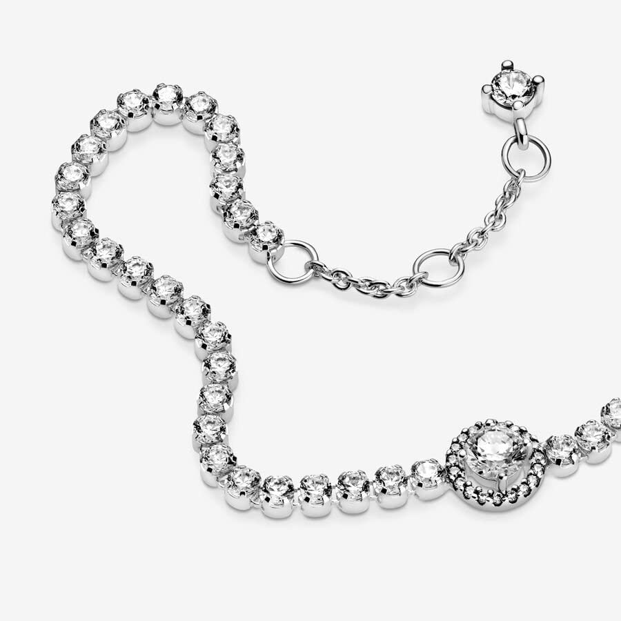 PANDORA Sparkling Halo Tennis Bracelet - Silver Bracelet for Women - Features Sterling Silver & Cubic Zirconia - Gift for Her - 6.3", With Gift Box