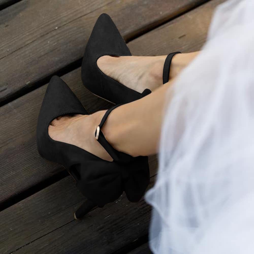 Fashare Womens High Heels Pointed Toe Bowtie Back Ankle Buckle Strap Wedding Evening Party Dress Pumps Shoes A-Black