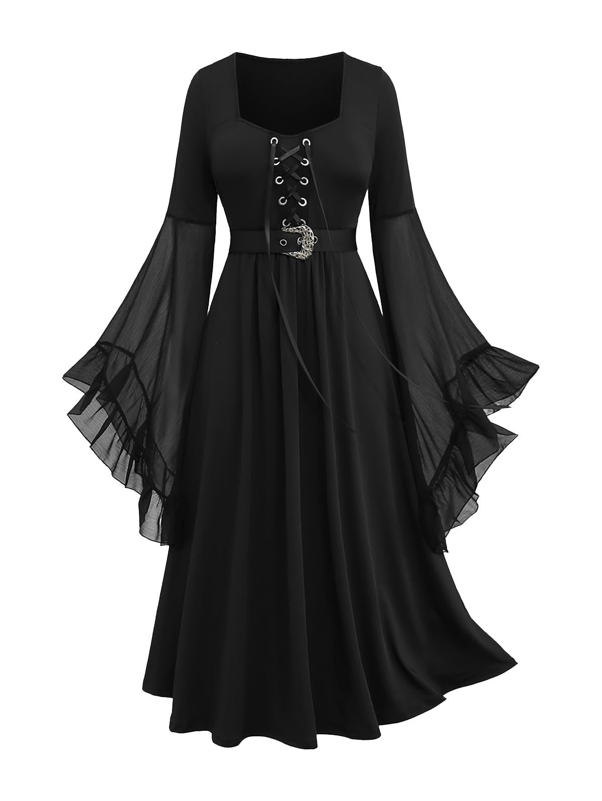 ROSE GAL Rosegal Plus Size Renaissance Costumes Dress for Women Medieval Bell Sleeves Lace-up Midi Dress Halloween Costumes Dress Witch Cosplay Flowy(Black_1/1X)