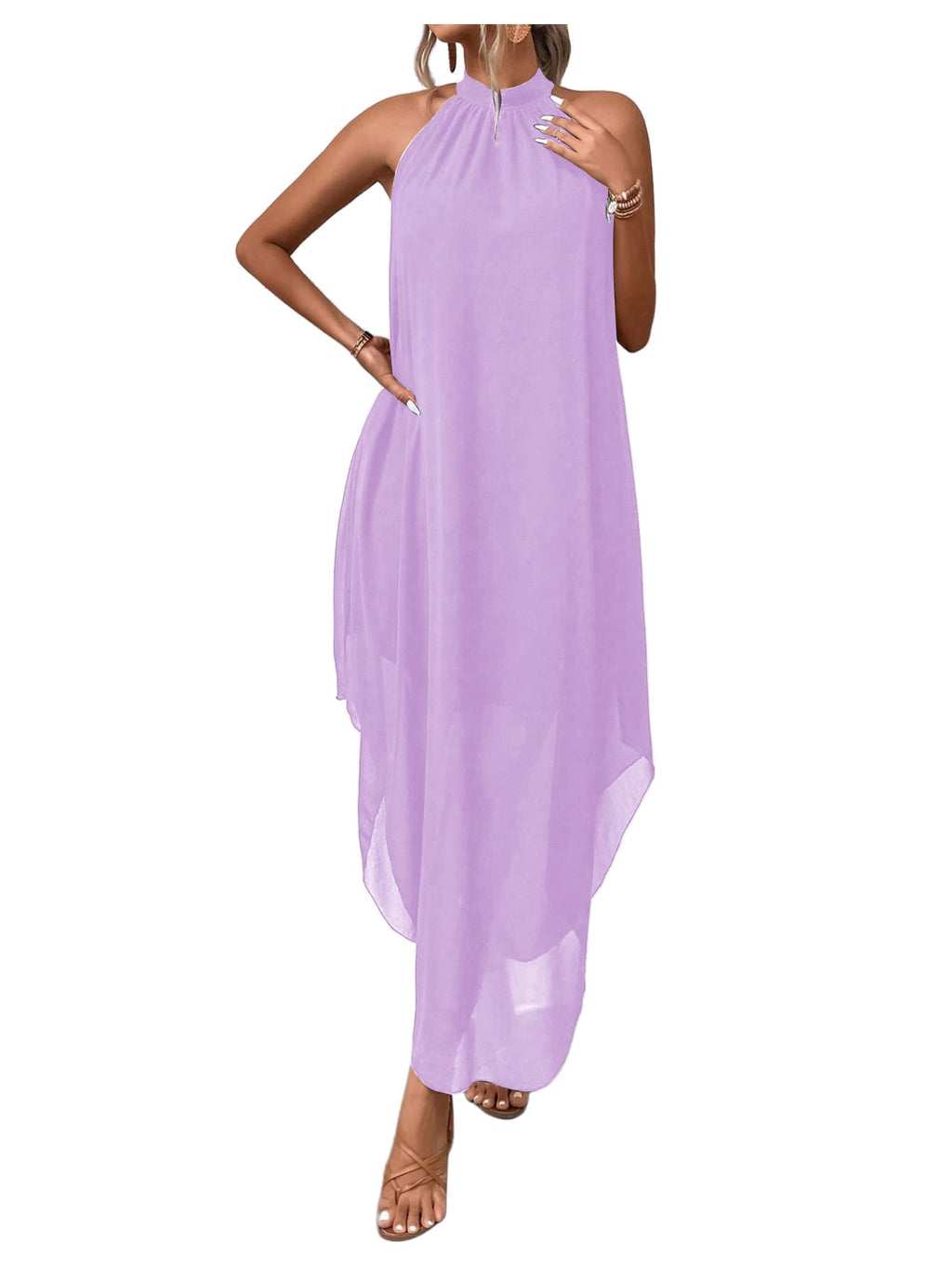 Verdusa Women's Wedding Guest Dress Halter Flowy Chiffon Asymmetrical Long Summer Prom Dress Mauve Purple Large