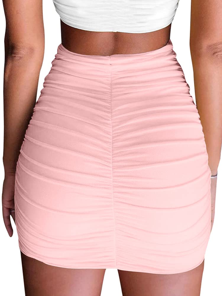 eoeoo Women's Stretch High Waist Ruched Bodycon Double Layer Casual Mini Skirt Pink Medium