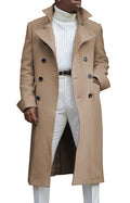 chouyatou Men's British Style Double Breasted Heavyweight Mid Long Wool Pea Coat (Large, Khaki)