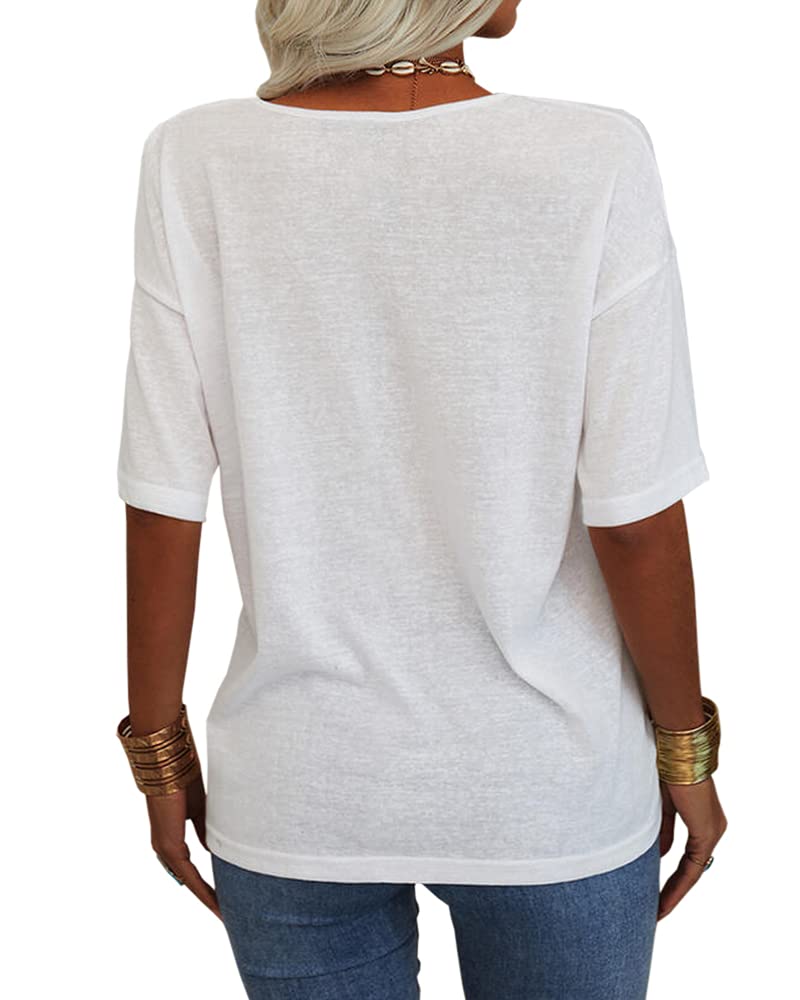Danedvi Women Fashion V-Neck Half Sleeves Oversized T Shirt Solid Casual Loose Basic Tops White