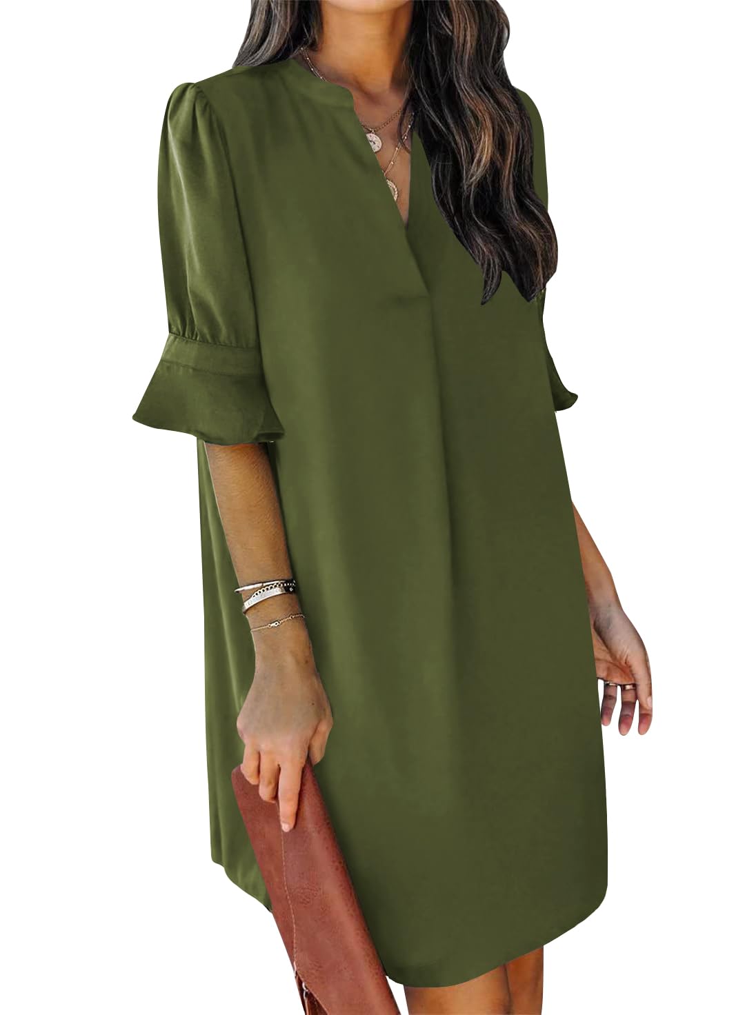 QACOHU Dresses for Women 2025 V-Neck Short Sleeve Summer Mini Casual Shift Tunic Dress Green L