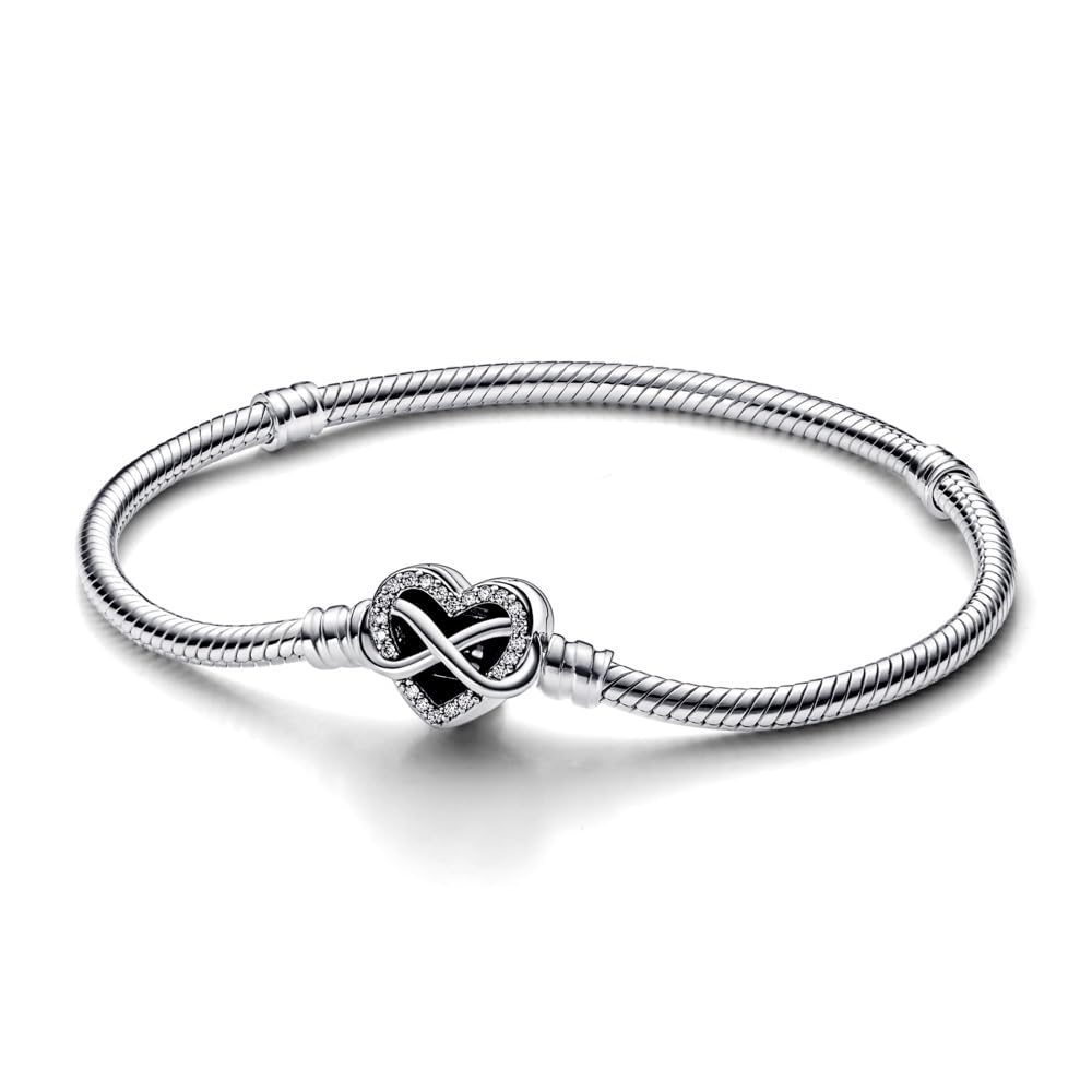 PANDORA Moments Sparkling Infinity Heart Clasp Snake Chain Bracelet - Compatible with PANDORA Moments Charms - CZ & Sterling Silver Charm Bracelet - No Gift Box - 7.5"