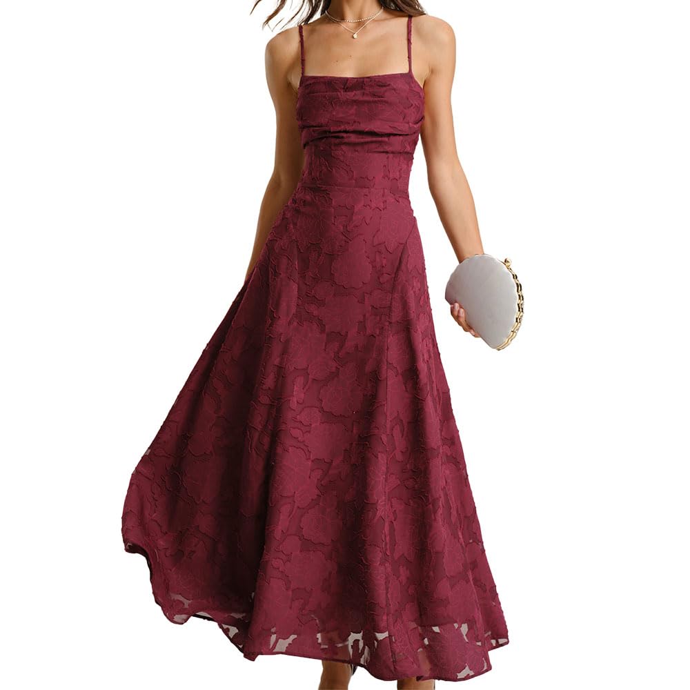 RIHOAS Women's Maxi Dresses Wedding Guest Dress Elegant A-Line Long Square Neck Backless Sling for Beach Wedding Party Vacation Wine Red M