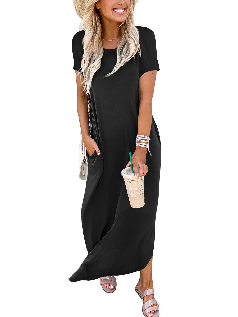ANRABESS Womens Summer Maxi Dress Short Sleeve Casual Loose Long T Shirt Dresses Split Vacation Beach Sundress Travel Outfits Black Large