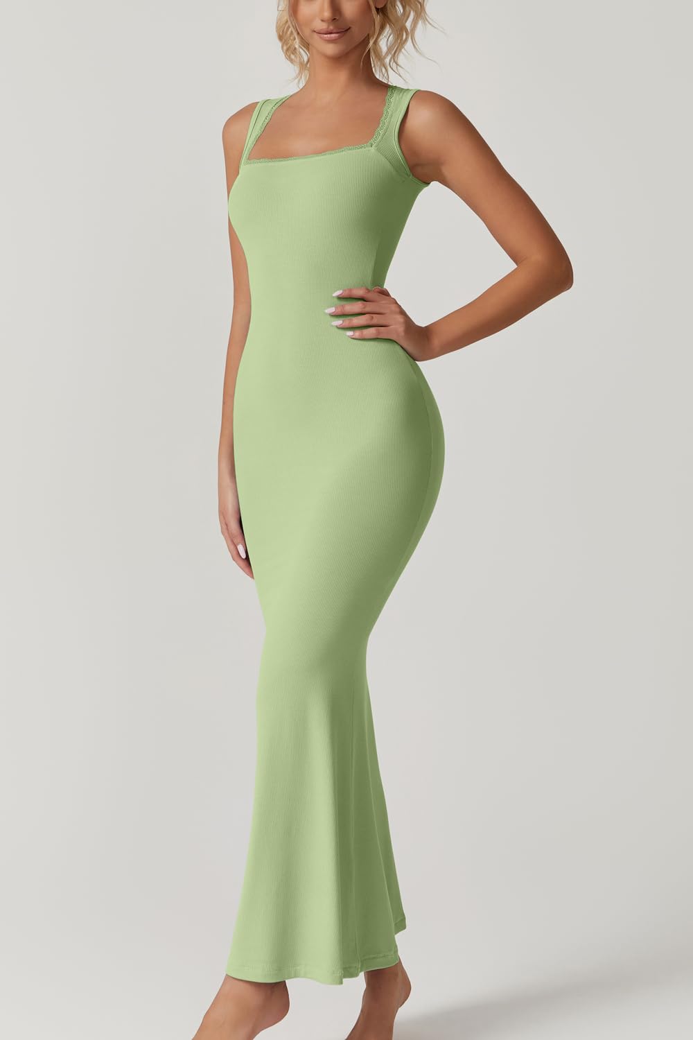 QINSEN Women's Square Neck with Lace Detail Long Maxi Dress Sleeveless Lounge Ribbed Full Length Dresses Green S