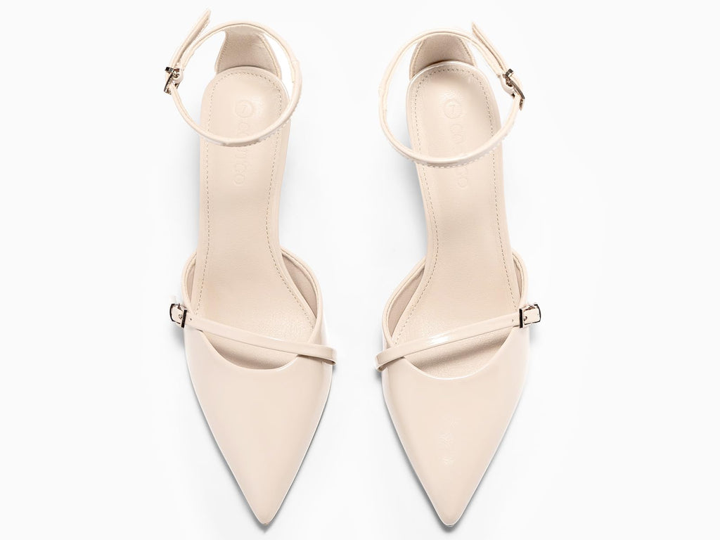 Coutgo Womens High Heels Closed Pointed Toe Ankle Buckle Strap Sexy Pumps Wedding Party Dress Shoes, Beige, Size 6