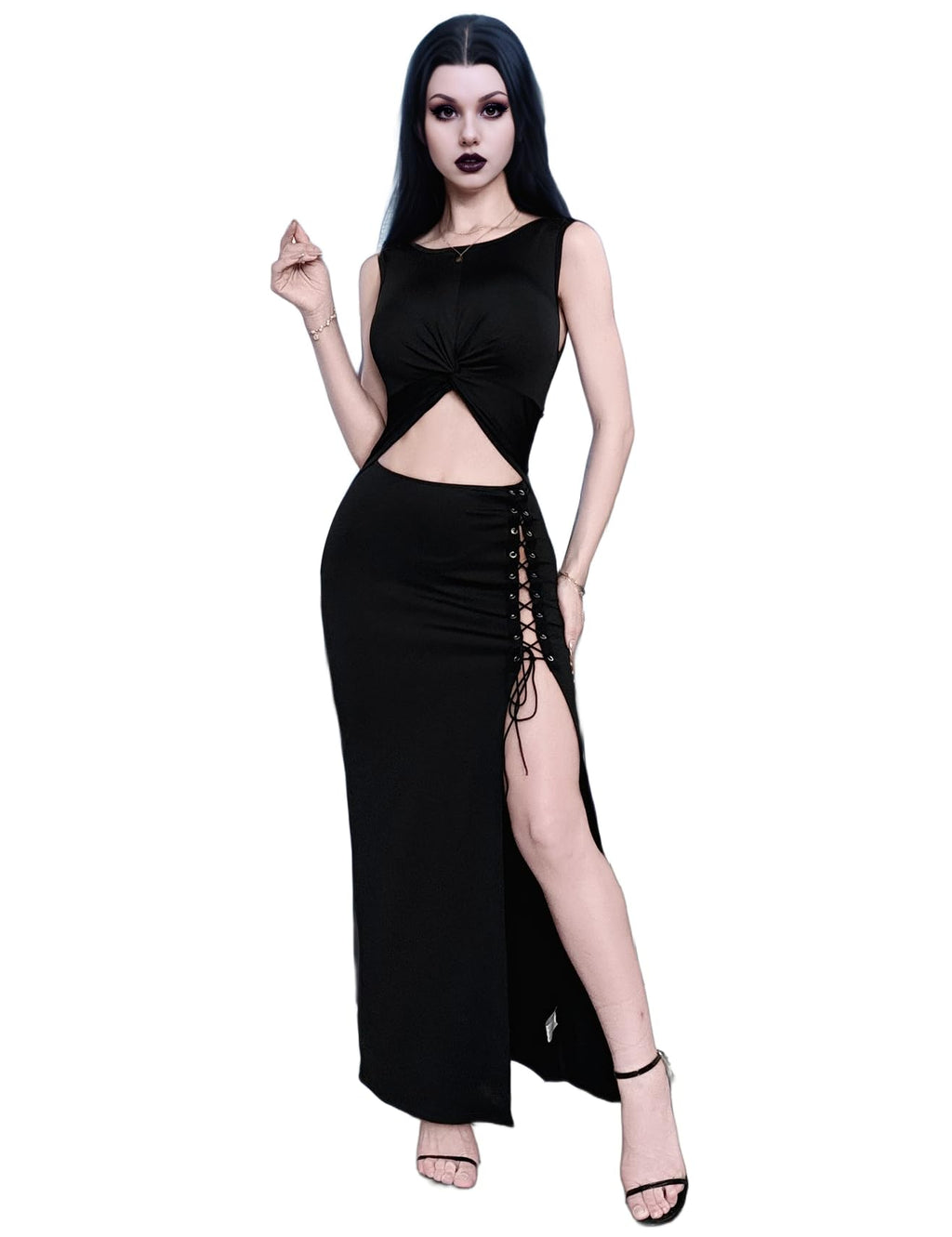 InGoticos Women Sexy Gothic Dress,Punk Hollowed-Out Metal Slit Rope Goth Dress Black