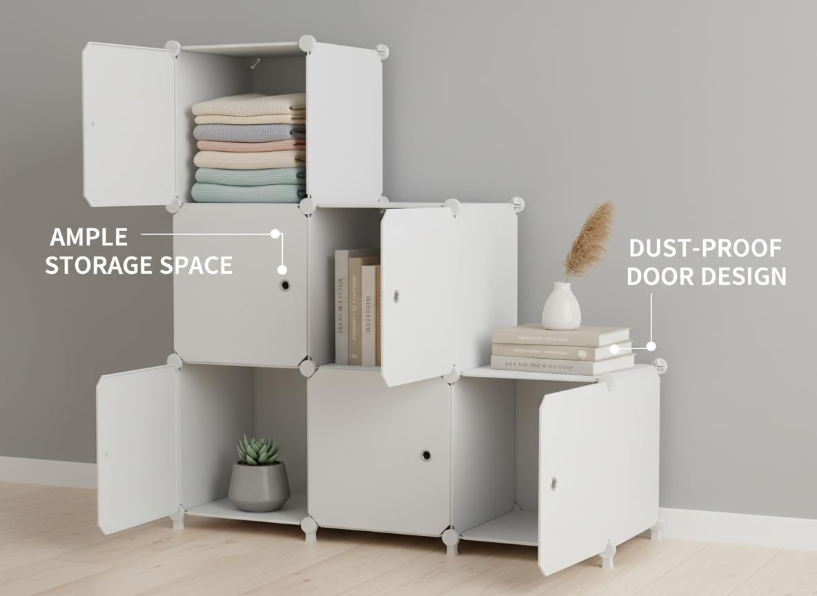 ATTDETJL Cube Storage Organizer, 6-Cube Shelves Unit with Doors, DIY Stackable Plastic Clothes Organizer for Bedroom and Under Stairs Storage Unit, Each Compartment 30 x 30 x 30 cm White ATTSL6002