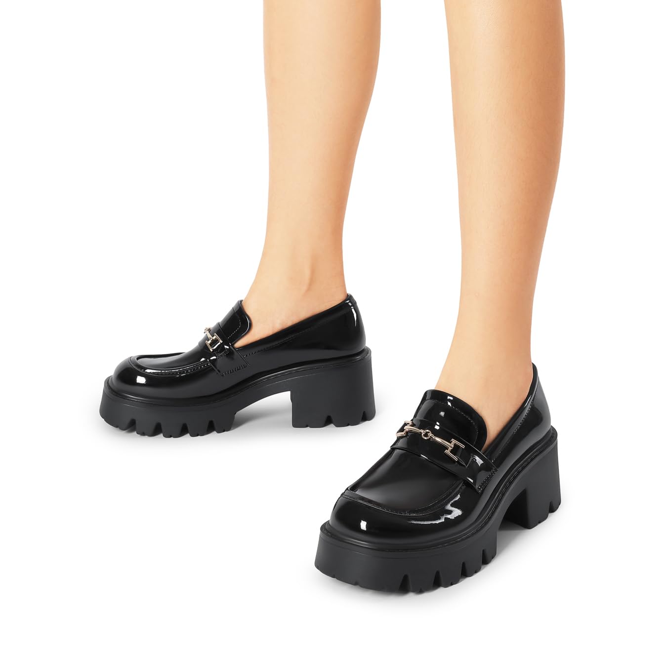 DREAM PAIRS Women Loafers Platform Chunky Heel Slip On Lug Sole Casual Dressy Office Business Shoes,Size 8.5,Black-Pat,DWUMLS2534