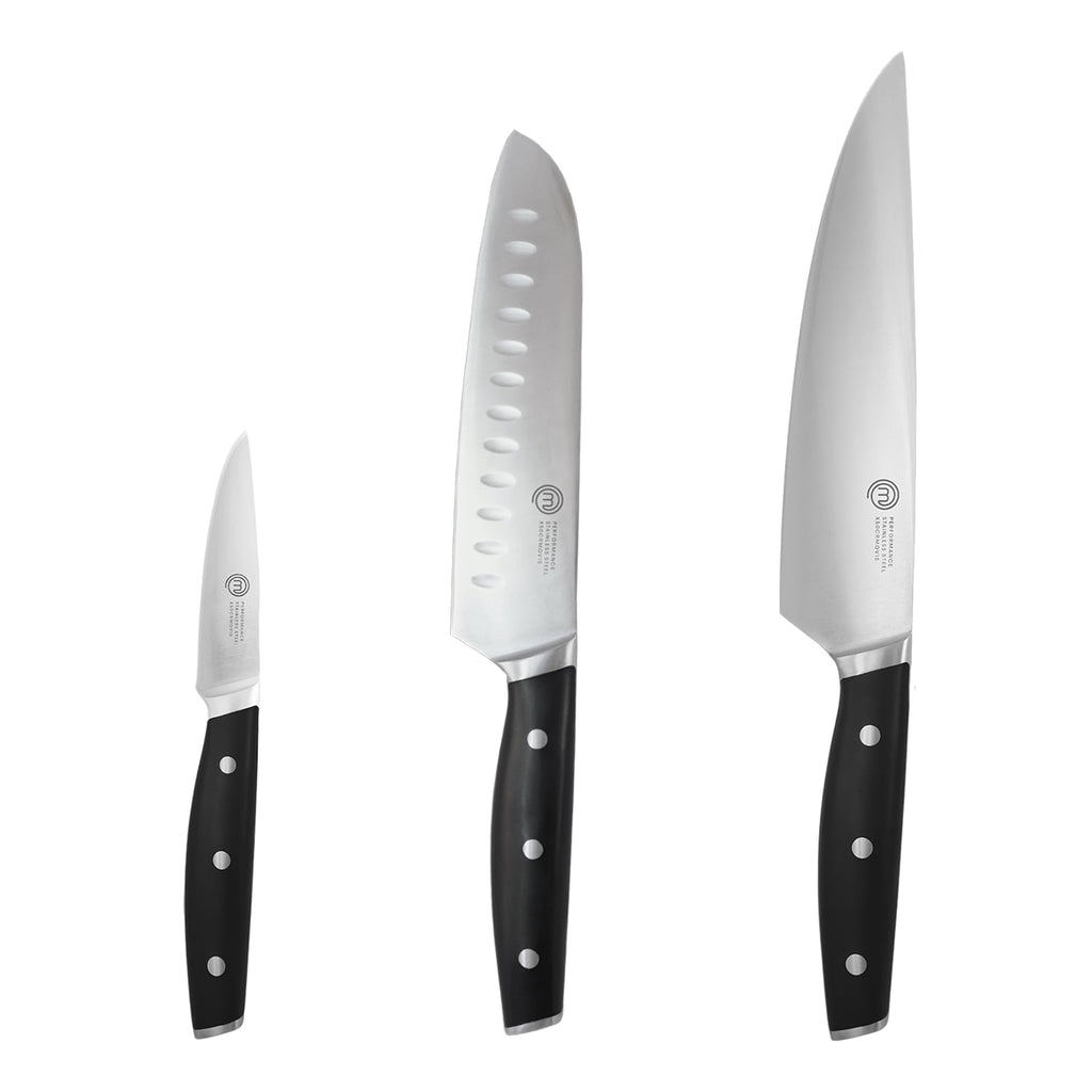 MasterChef Chef Knife Set of 3 Professional Quality Kitchen Knives (Chef, Santoku & Paring) for Precision Home Cooking, High Carbon Stainless Steel Blades & Triple Riveted Handles