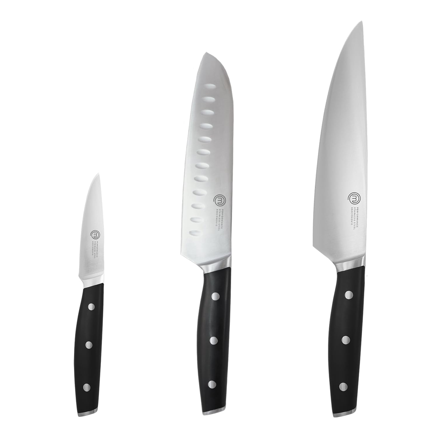 MasterChef Chef Knife Set of 3 Professional Quality Kitchen Knives (Chef, Santoku & Paring) for Precision Home Cooking, High Carbon Stainless Steel Blades & Triple Riveted Handles