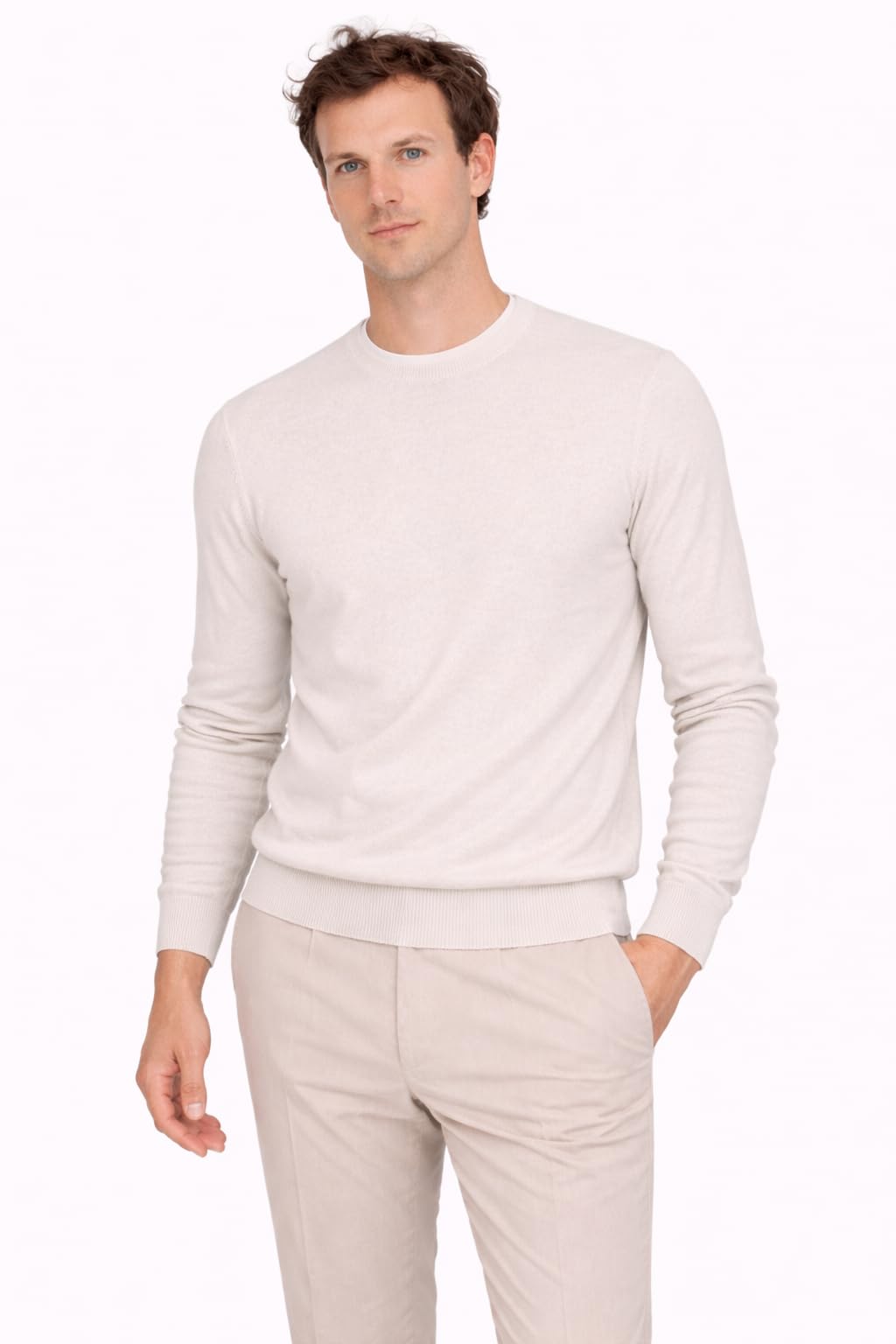 State Cashmere Essential Crewneck Sweater - Long Sleeve Pullover for Men Made with 100% Pure Cashmere Sourced from Inner Mongolia Goats - Soft, Lightweight & Versatile - (Undyed White, Large)
