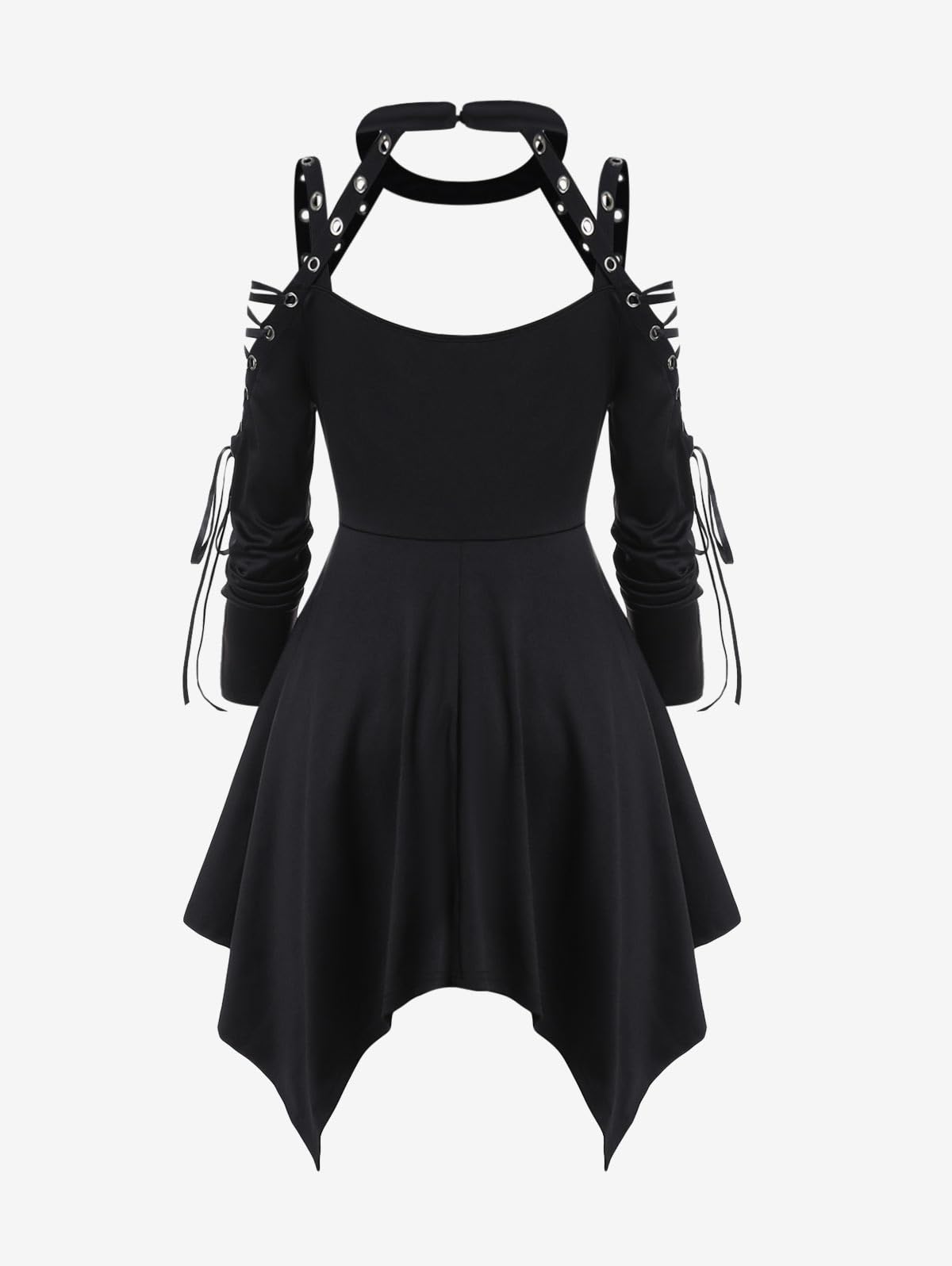 ROSE GAL Womens Plus Size Gothic Choker Lace-up Grommets Cutout Handkerchief Hem Cold Shoulder Long Sleeve Tunic Top(Black_3/4X)
