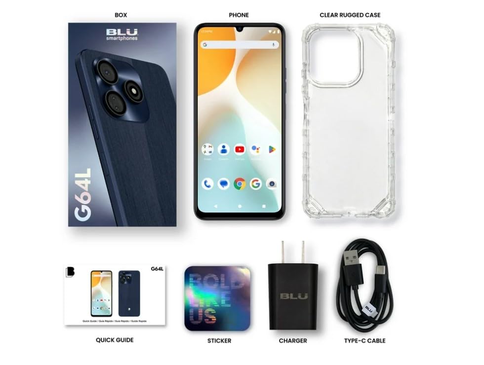 BLU G64L | 2025 | Unlocked | 6.8” HD+ Infinity Display | 64/4GB | Triple 13MP Camera | US Version | US Warranty | Blue