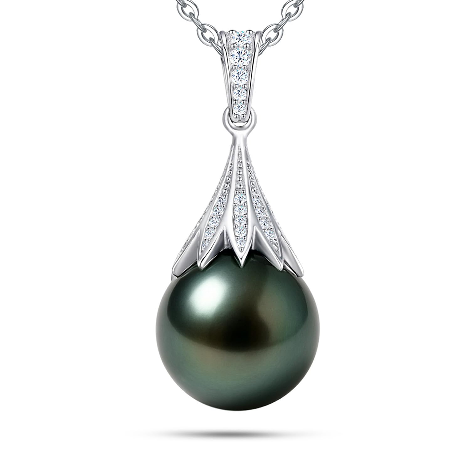Natural Tahitian Black Pearl Necklace 10-11mm - Christmas Gift for Women Wife, Mom, daughter, Jewelry Gifts for Wedding Anniversary Birthday, Seawater Pearl with Sterling Silver Moissanite Pendant