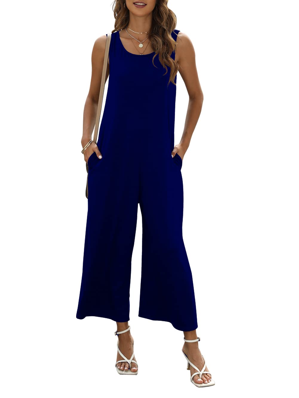 Nfsion Women's Summer Casual Loose Tank Jumpsuit Sleeveless Crewneck Jumpsuit Romper Outfits with Pockets Medium Dark Blue