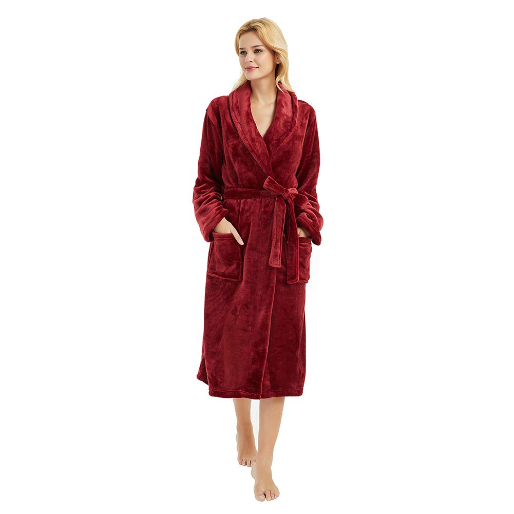 HEARTNICE Womens Fleece Robes, Soft Plush Long Bathrobe, Thick Kimono Robes for Womens, Warm House Coat (Wine, S/M)