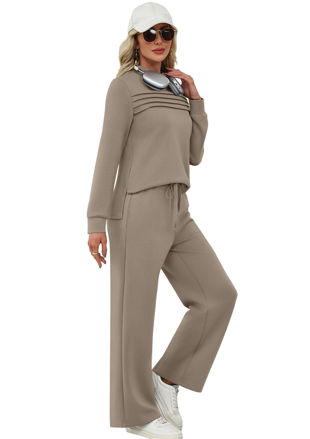 Two Piece Sets for Women Cruise Essentials 2026 Spring Summer Fall Fashion 2025 Travel Outfits Winter Clothes Trendy Lounge Sets Matching Sets Wide Leg Pants Set Mock Neck Airport Sweat Set Brown L