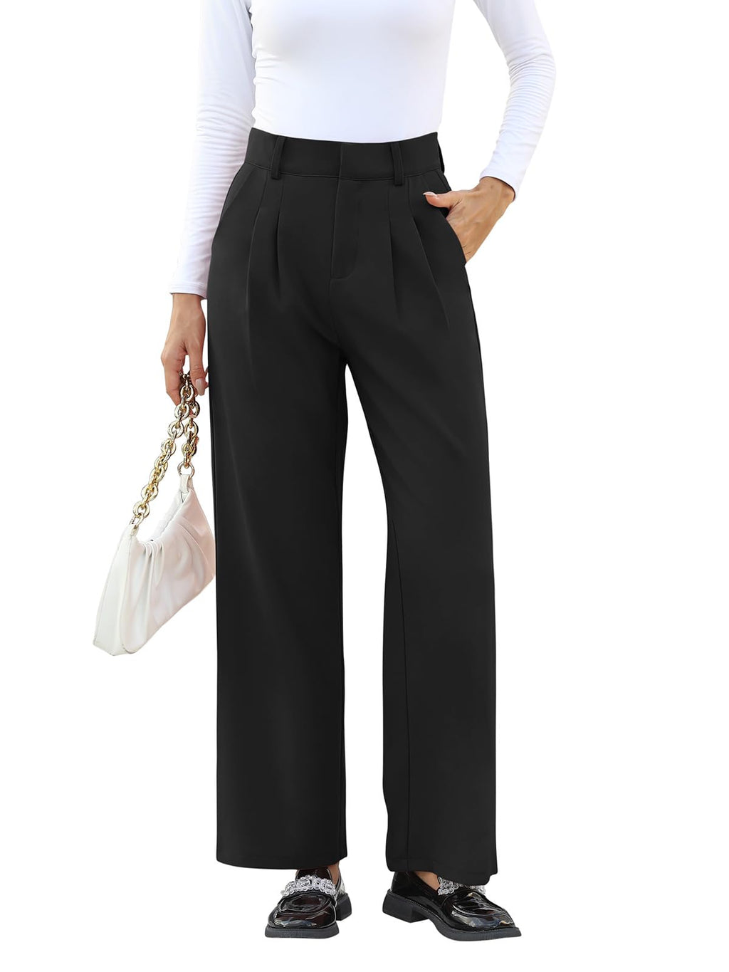 NIMIN High Waisted Work Pants for Women Straight Leg Office Dress Pants Business Casual Pants 2025 Fashion Trousers with Pockets Black Black Large