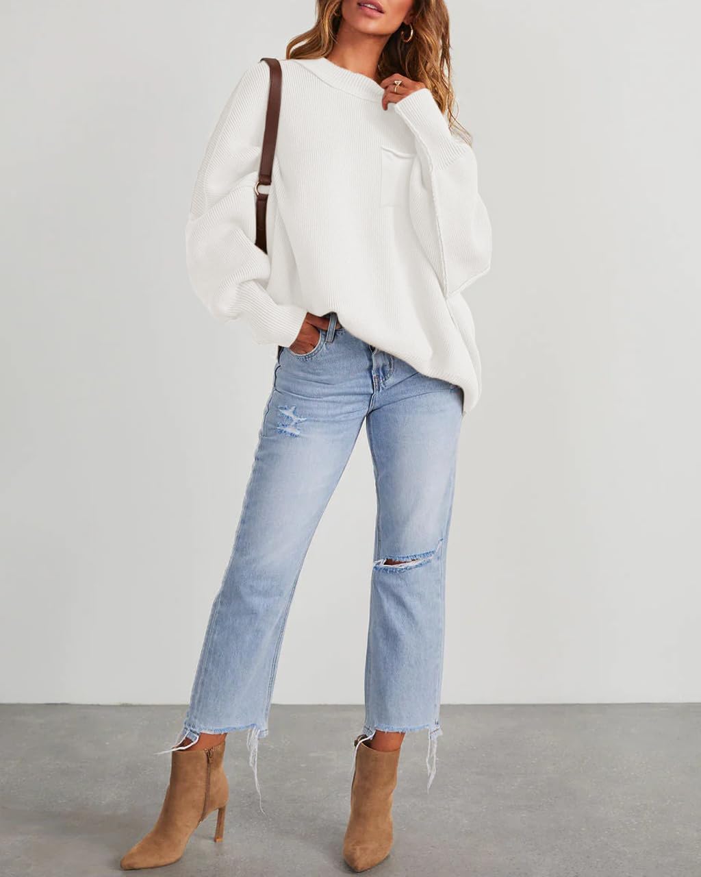 Women's Oversized Sweaters 2025 Fall Fashion Casual Outfits Crewneck Long Sleeve Batwing Pullover Tops Winter Clothes (White, L)