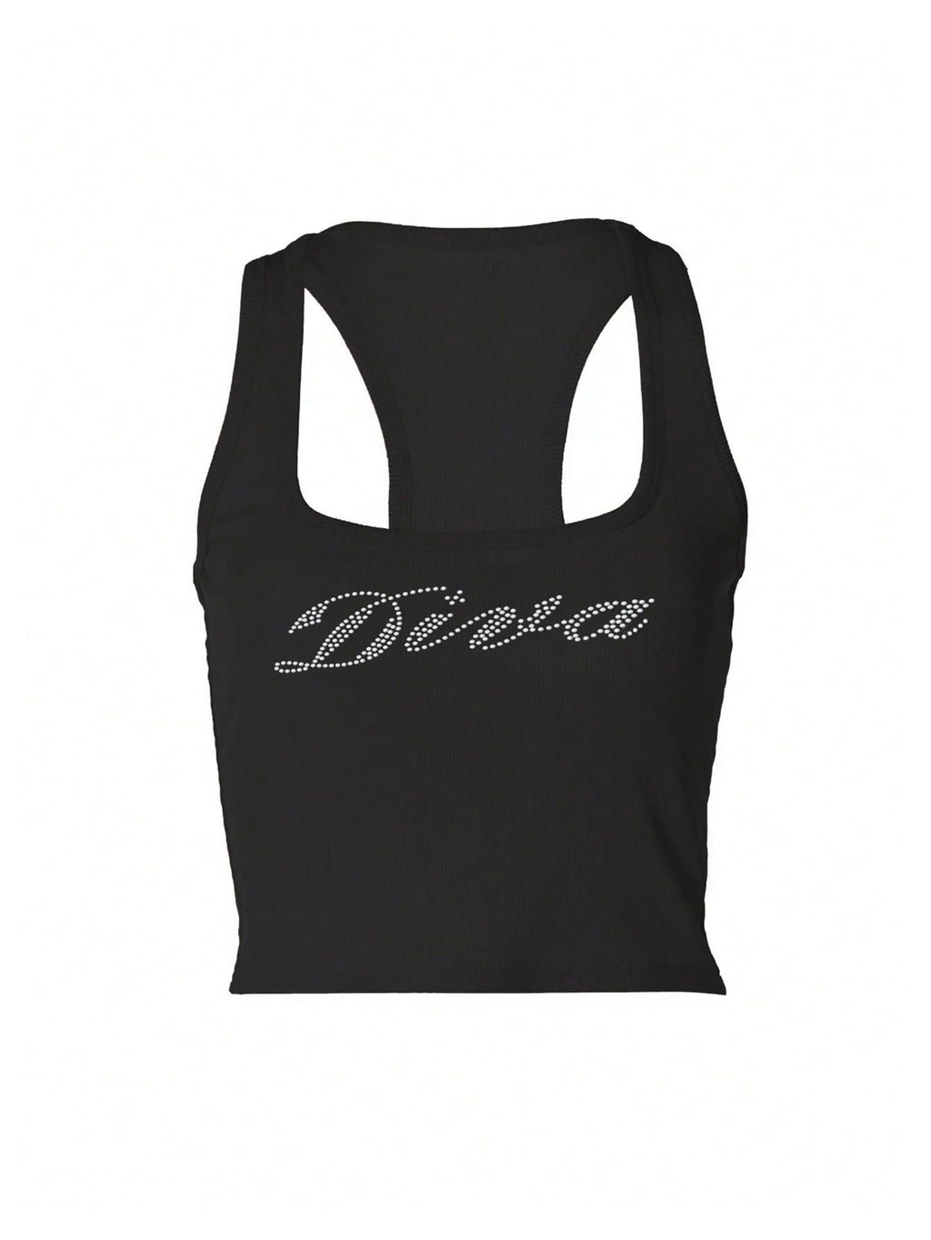 WDIRARA Women's Letter Rhinestone Racerback Crop Tank Top Y2k Square Neck Sleeveless Rib Knit Tops Black Medium