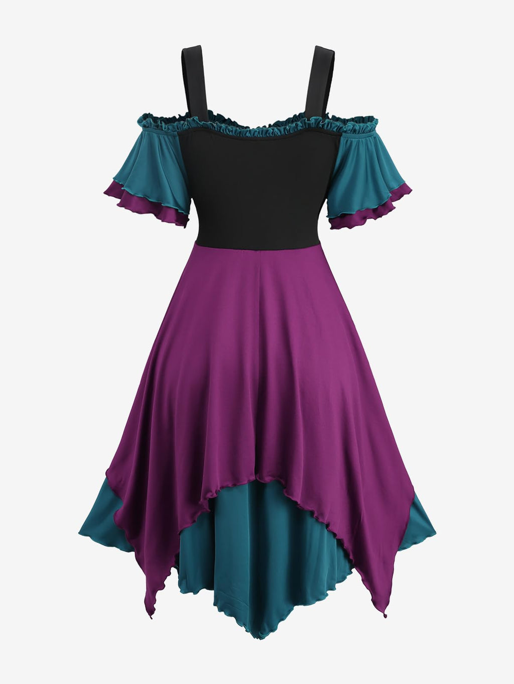 ROSE GAL Women Plus Medieval Renaissance Costume Victorian Dress Cold Shoulder Ruffles Layered Lace-up Underbust Corset Dress Goth Handkerchief Dress(Purple_1/1X)