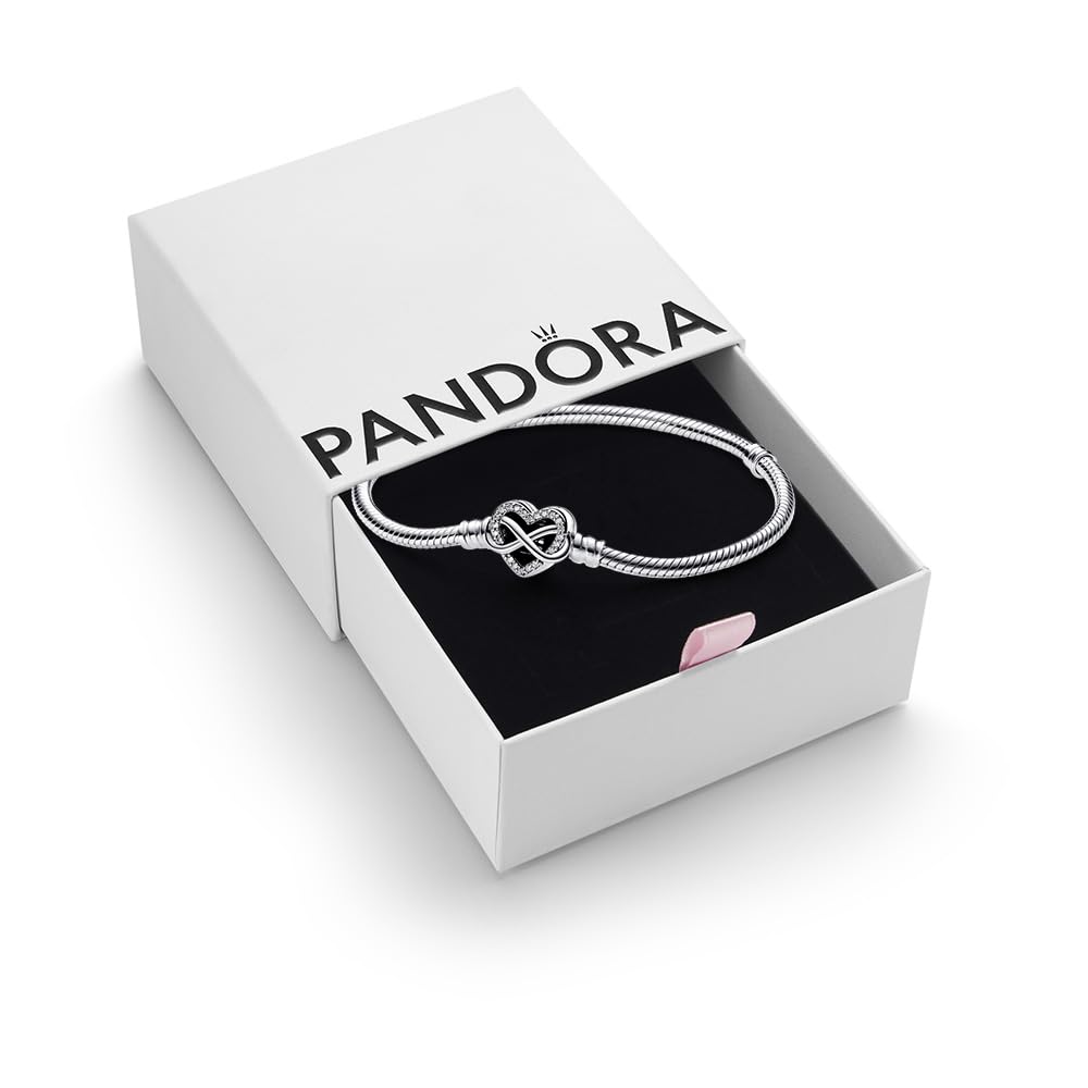 PANDORA Moments Sparkling Infinity Heart Clasp Snake Chain Bracelet - Compatible with PANDORA Moments Charms - CZ & Sterling Silver Charm Bracelet - No Gift Box - 7.5"