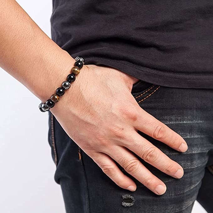 WFJ Black Obsidian Hematite Triple Protection Bracelets Set - Tiger Eye Beaded Natural Stone Bracelet for Men Women Gemstone (10MM)