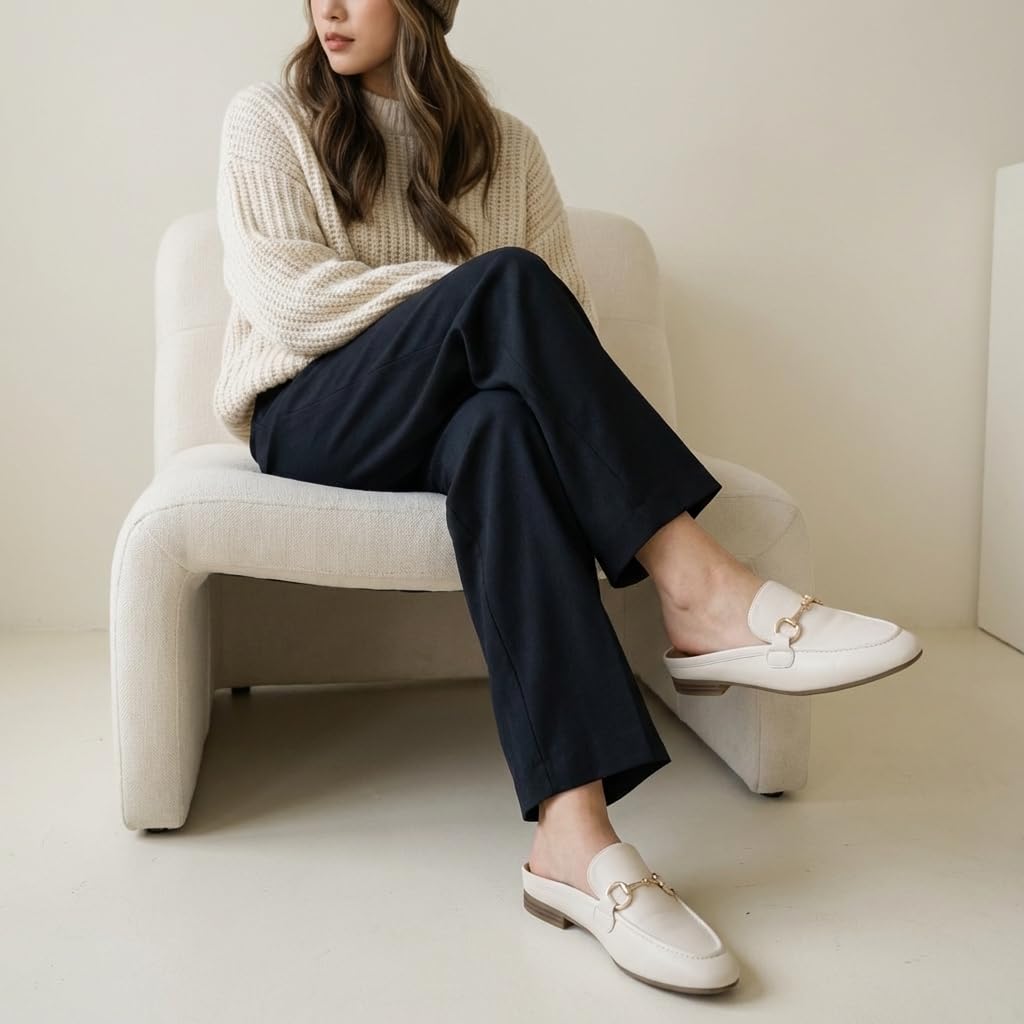 CUSHIONAIRE Yummy Slip On Womens Mules, Business Casual Loafers for Women with Low Heel and Metal Chain Detail, Bone 9